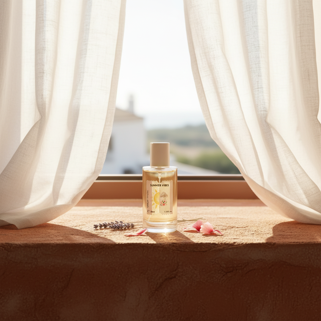 Summer Vibes on terracotta windowsill with billowing curtains