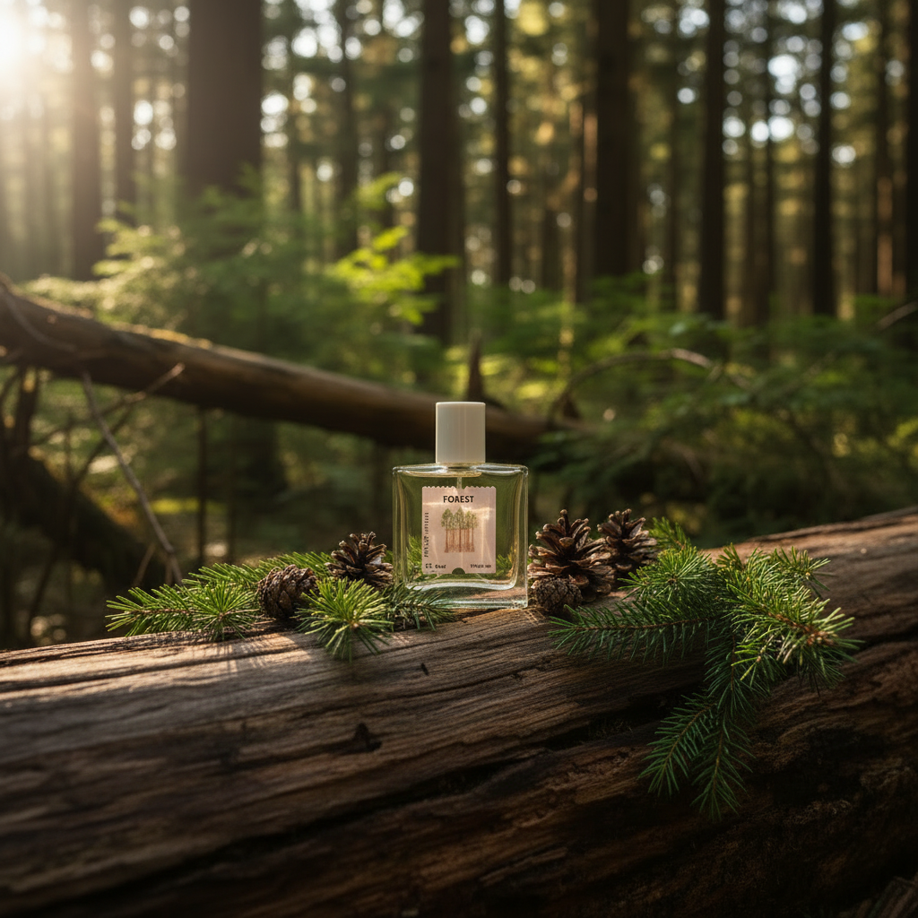 Forest on dark wood with pine cones