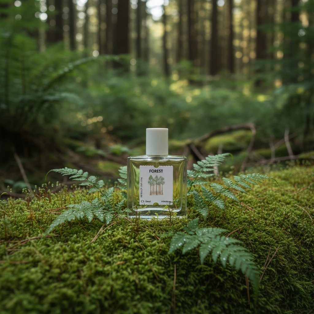 Forest on moss with ferns and dew