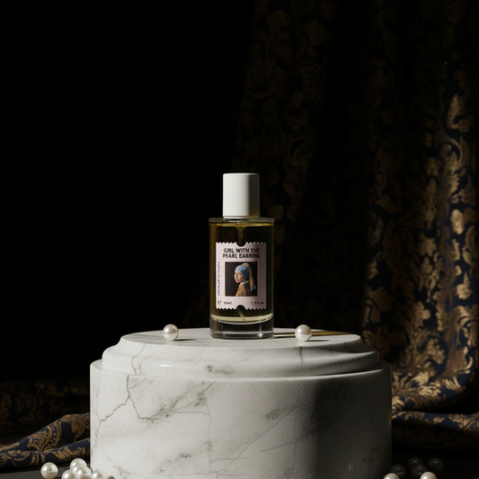 Girl with the Pearl Earring on marble pedestal with dramatic lighting