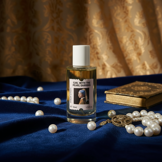 Girl with the Pearl Earring on navy velvet with pearl jewelry