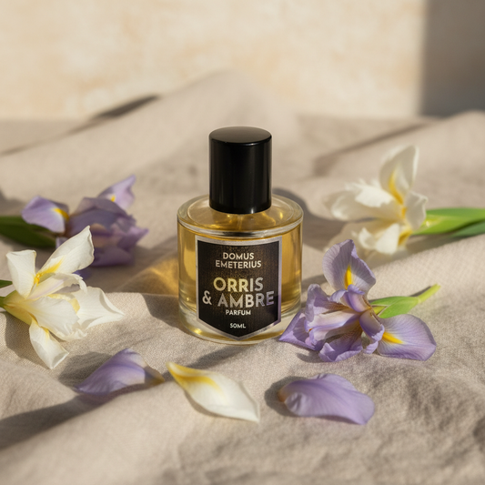 Orris & Ambre on beige linen with iris flowers