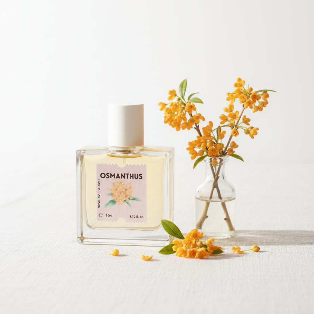 Osmanthus on white linen with flowers in vase