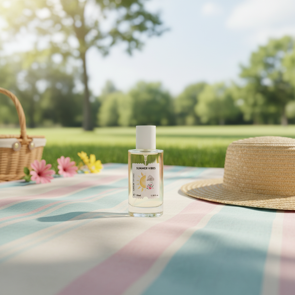 Summer Vibes on pastel picnic blanket with straw hat