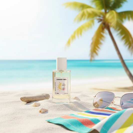 Summer Vibes on white sand with beach accessories