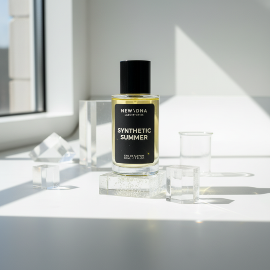 Synthetic Summer perfume in lab-inspired setting
