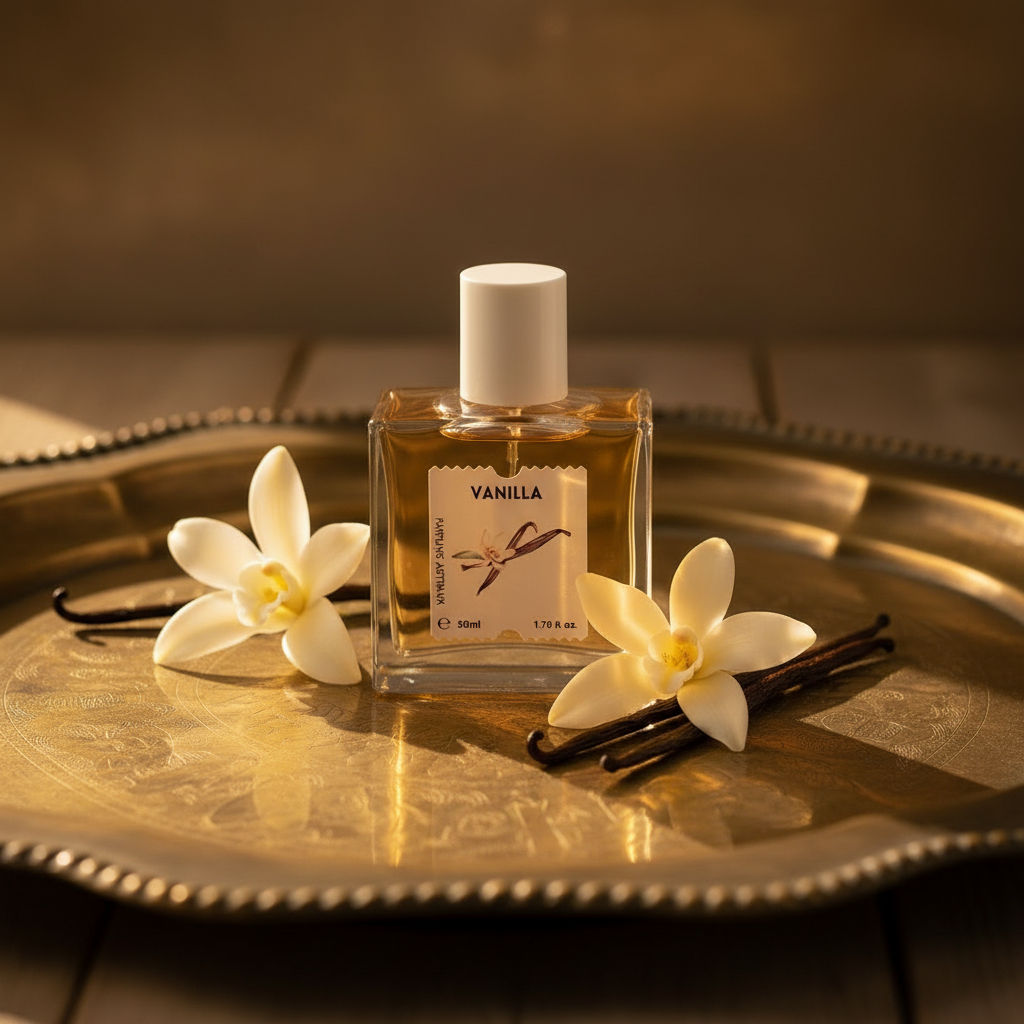 Vanilla on brass tray with vanilla orchids